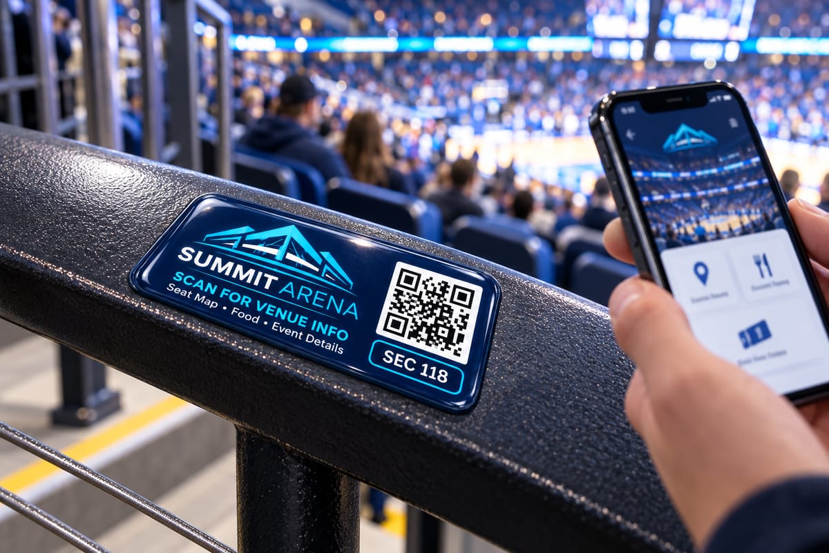 Domed QR code label used for stadium and venue labels